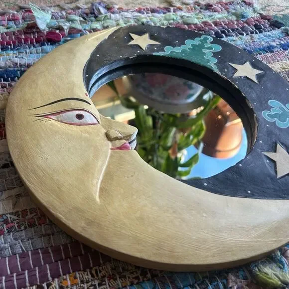 Vintage 90s 11.5" Handcarved Celestial Moon Stars Wall Mirror Indonesia Whimsy - Picture 2 of 16